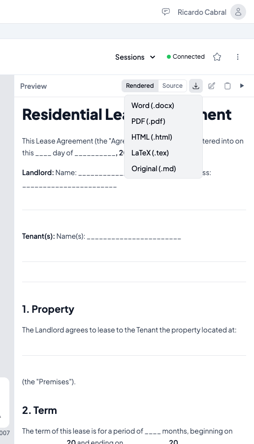 Download as menu open showing format options: Word (.docx), PDF (.pdf), HTML (.html), LaTeX (.tex), Original (.md)