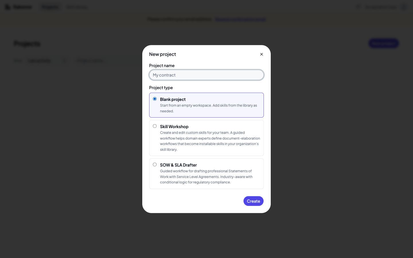 New project dialog with a project name field and three project type options: Blank project, Skill Workshop, and SOW & SLA Drafter