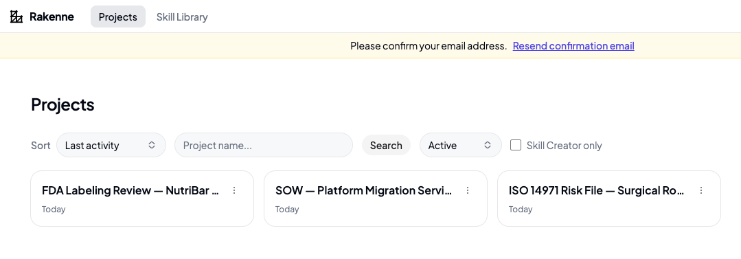 Projects screen showing three project cards with names, last activity dates, and a “New project” button in the top right