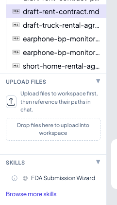Upload panel expanded showing a drop zone and upload button, with the Skills section below showing the FDA Submission Wizard skill installed